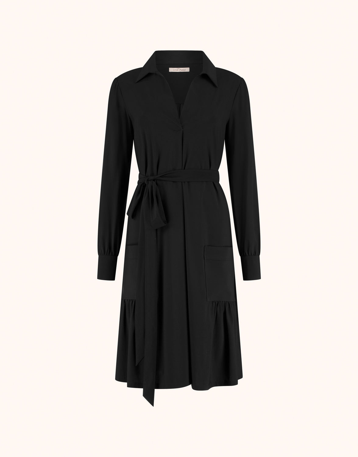Packshot of the Therese Black dress in jersey lycra with a collar and tie belt.