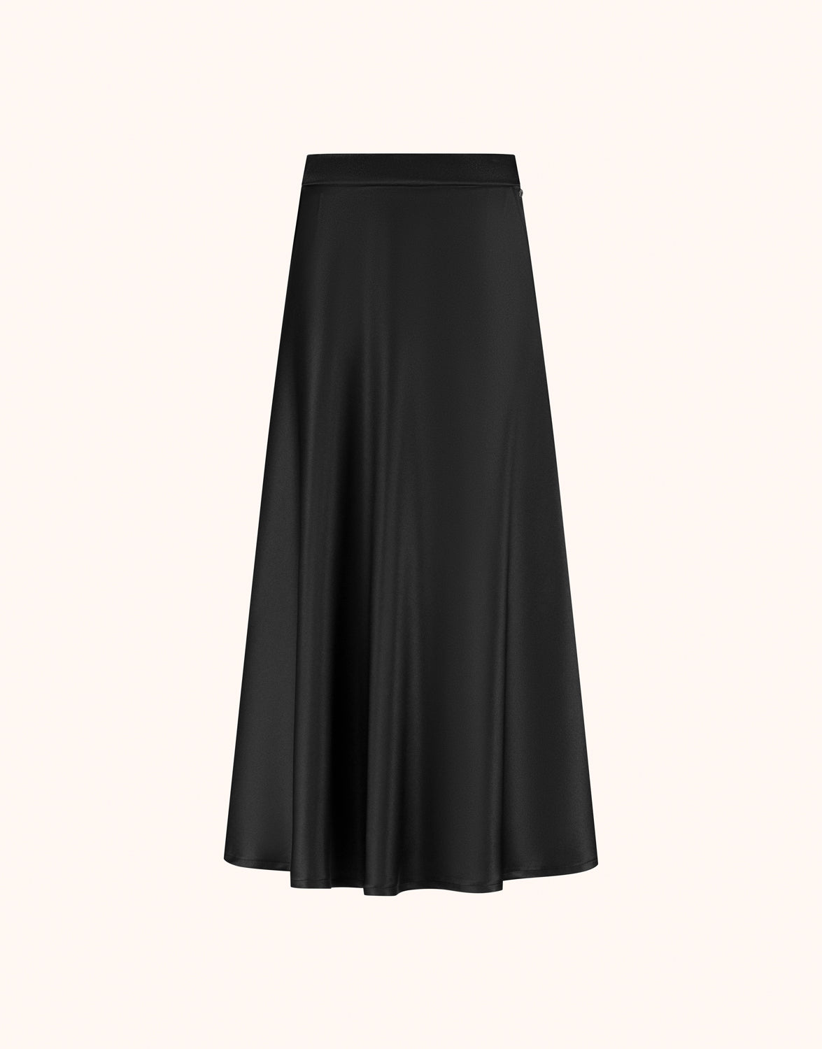 Packshot of the Milou Black Satin skirt in crepe satin, a long A-line style.