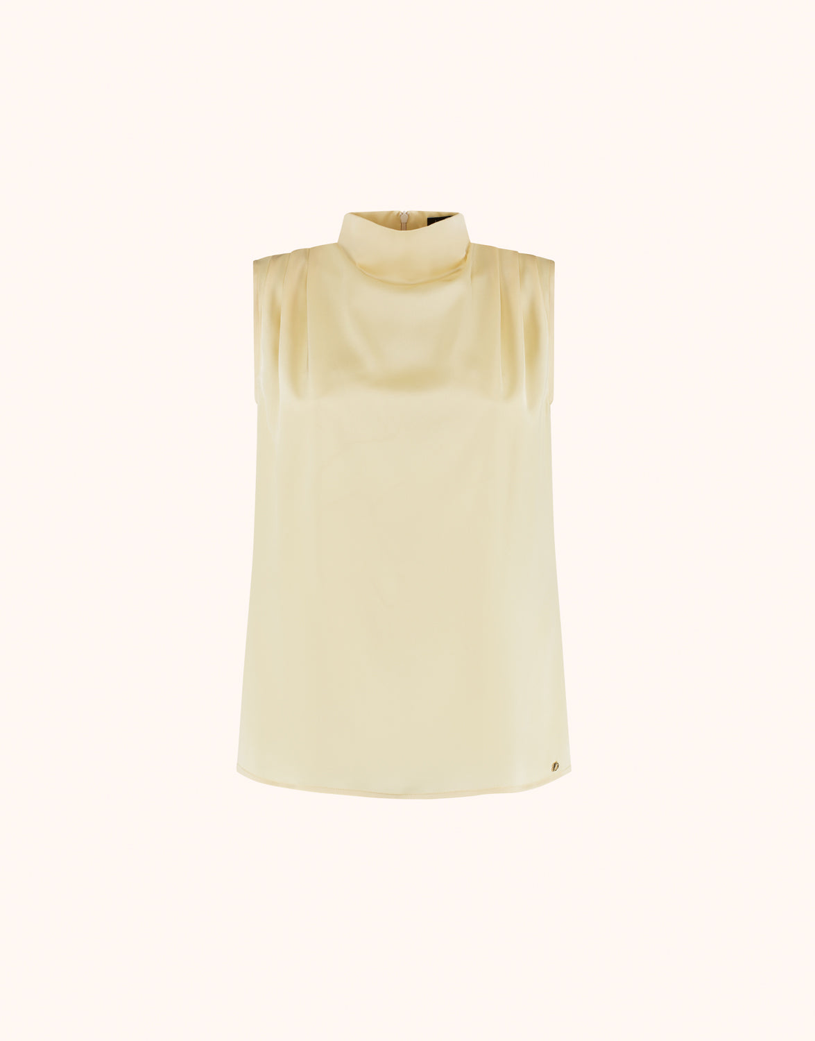 Packshot of the Chrissy Buttery Yellow blouse in satin, sleeveless with a draped high neck.