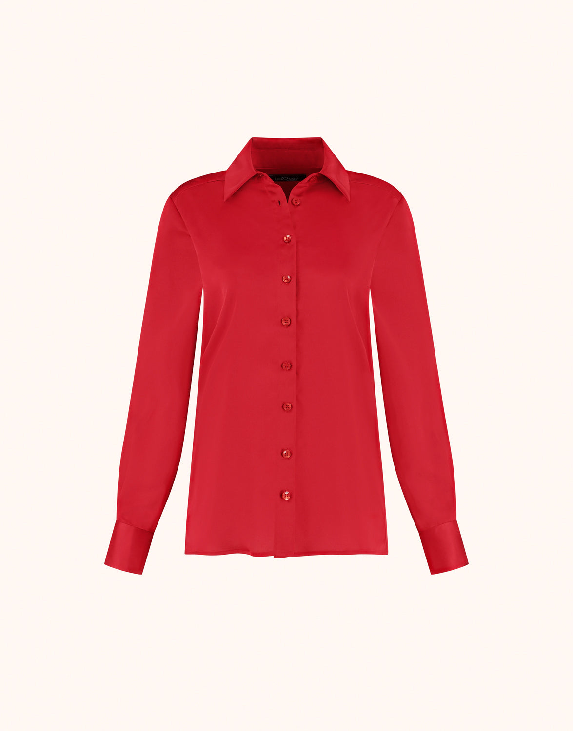 Packshot of the Estee Raspberry Red blouse in satin with a classic collar and button front.