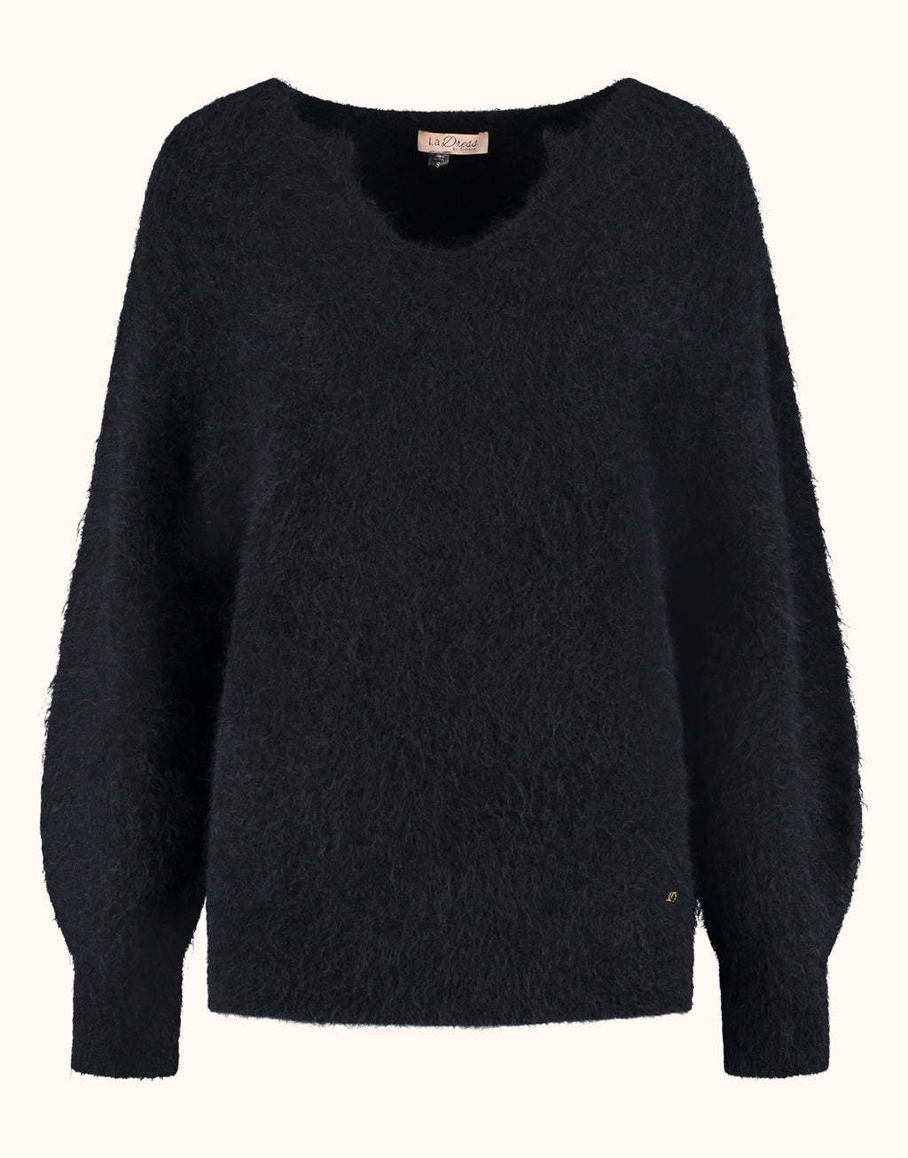 Packshot of the Stefania Black jumper in alpaca blend with a V-neck and wide sleeves.