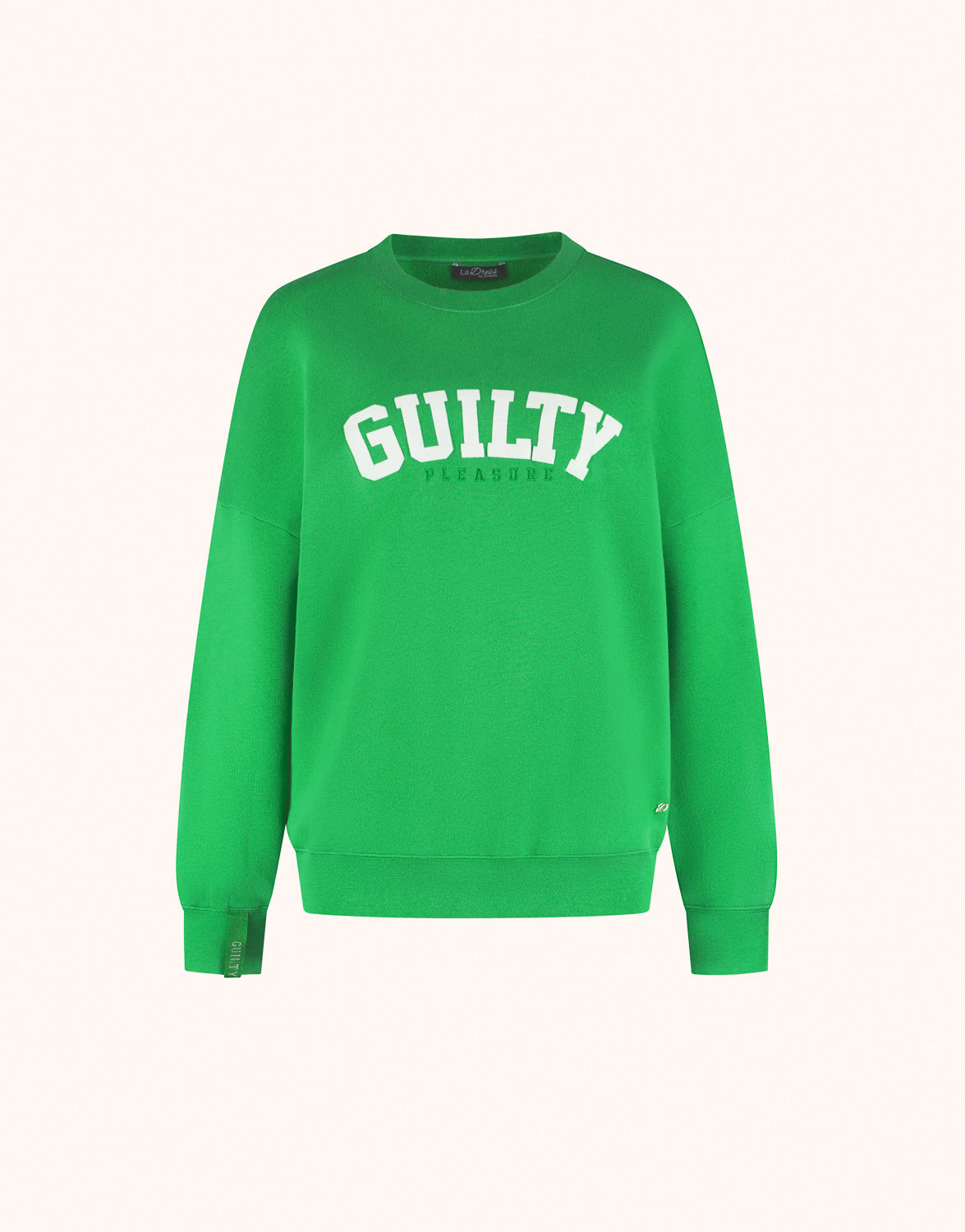 Packshot of the Story Sweater Bright Green in organic cotton knit with a GUILTY print.