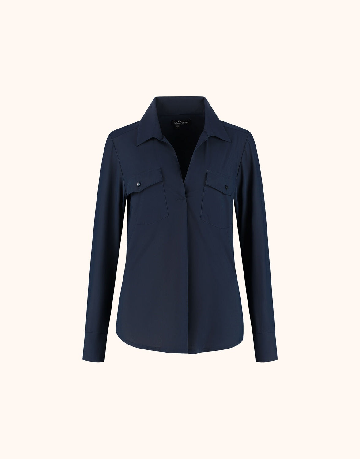 Packshot of the Esmee Midnight Blue blouse in jersey lycra with a collar and chest pockets.