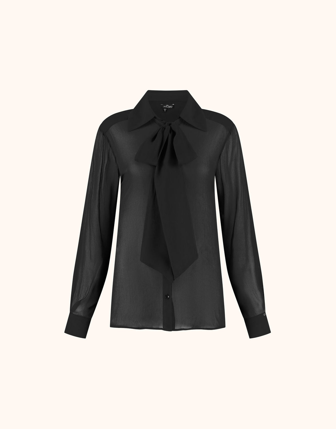 Packshot of the Nola Black blouse in chiffon with a pussy bow collar.