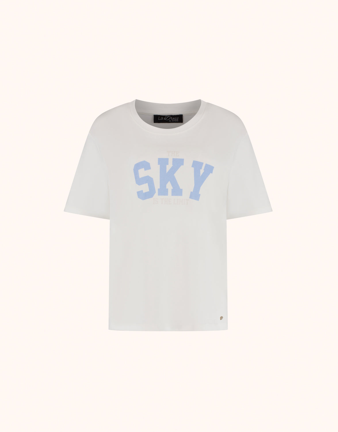 Packshot of the Story Tee Off White Sky in stretch cotton with a light blue SKY print.