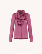Packshot of the Eloise Plum blouse in satin with a high collar and ruffles along the button placket.
