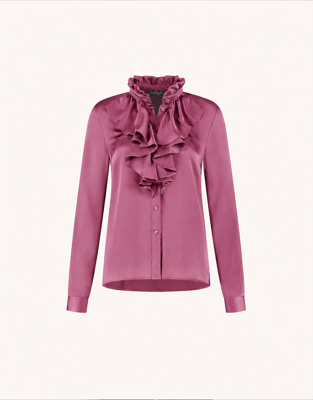 Packshot of the Eloise Plum blouse in satin with a high collar and ruffles along the button placket.