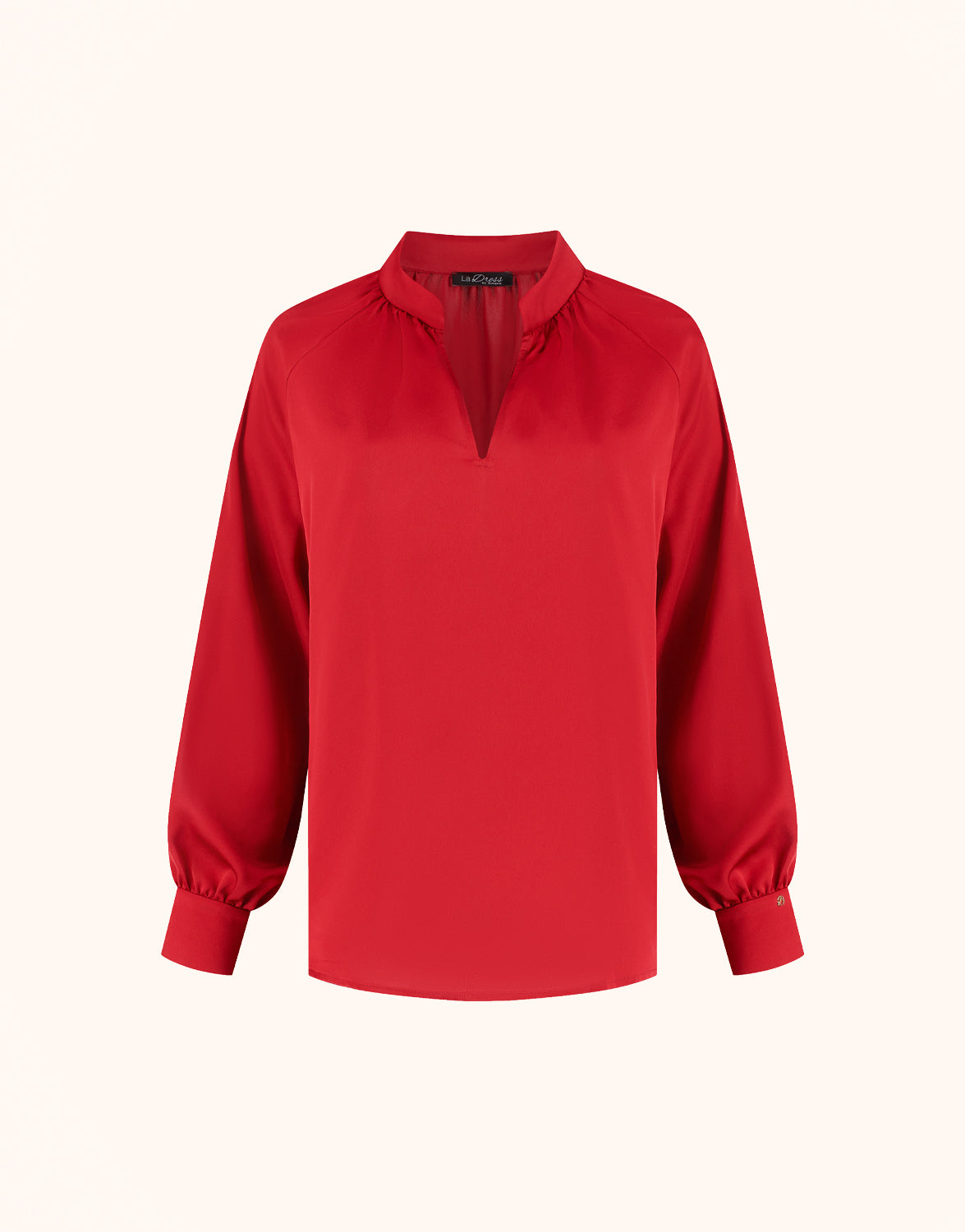 Packshot of the Jolie Raspberry Red blouse in satin with a stand collar and V-neck.