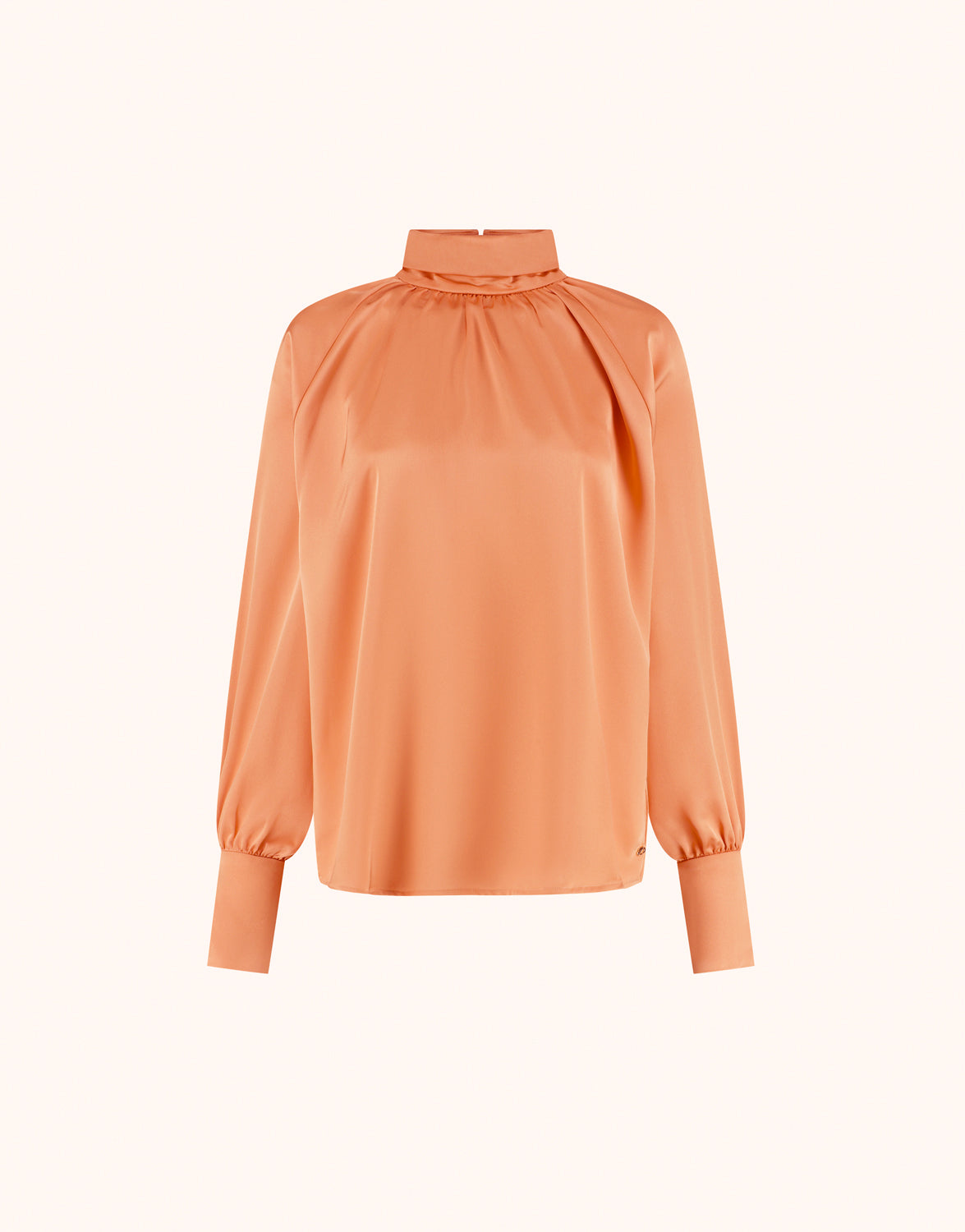 Packshot of the Alix Soft Apricot satin blouse with a high neck and balloon sleeves.