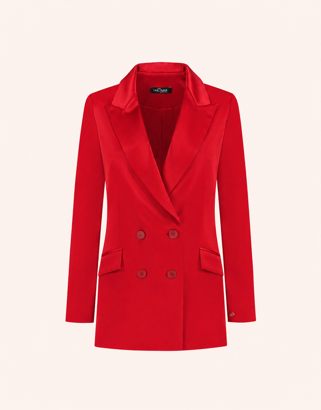 Packshot of the Juliette Raspberry Red Satin blazer in crepe satin, double-breasted.