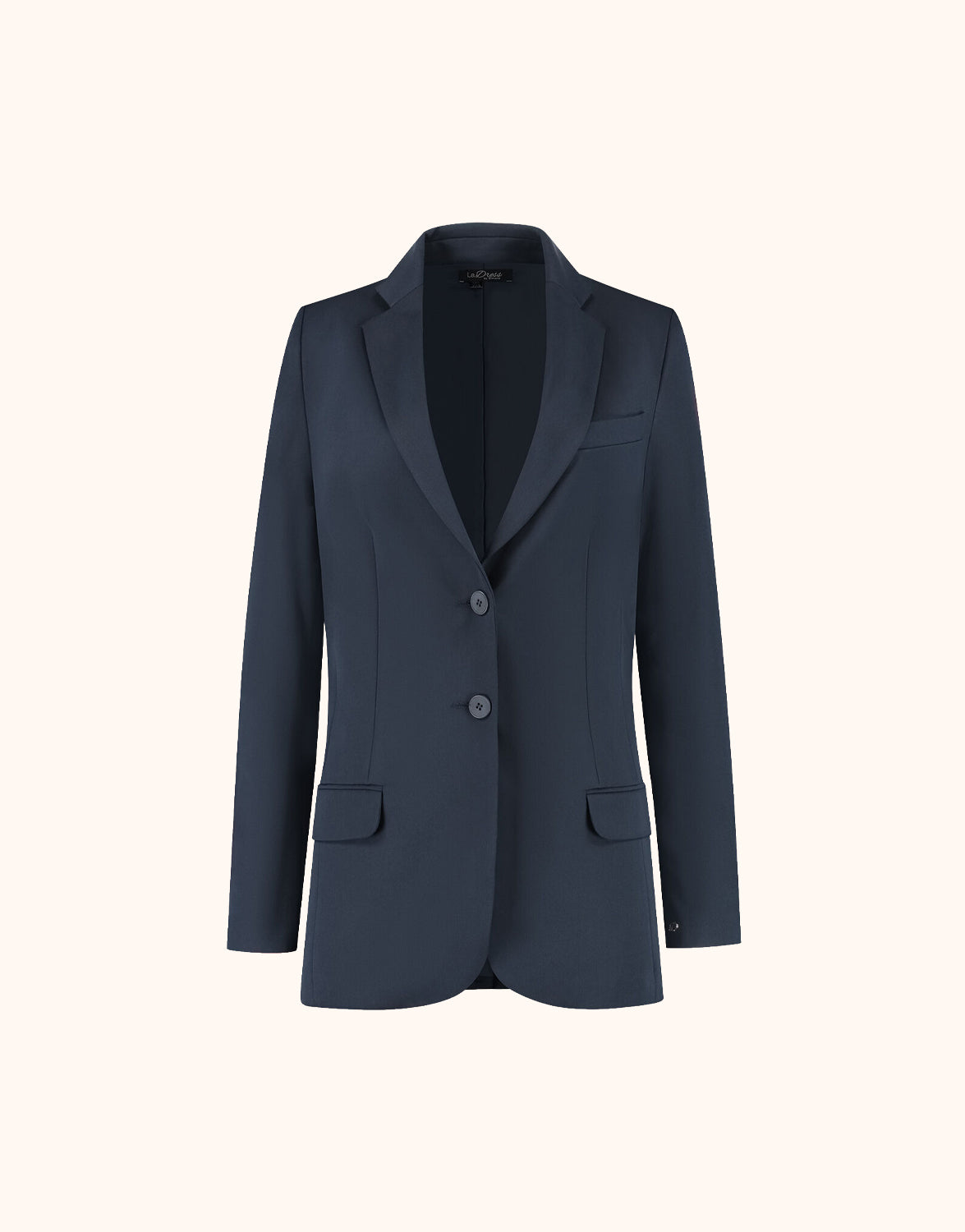 Packshot of the Beau Navy blazer with notch lapels and a two button front.