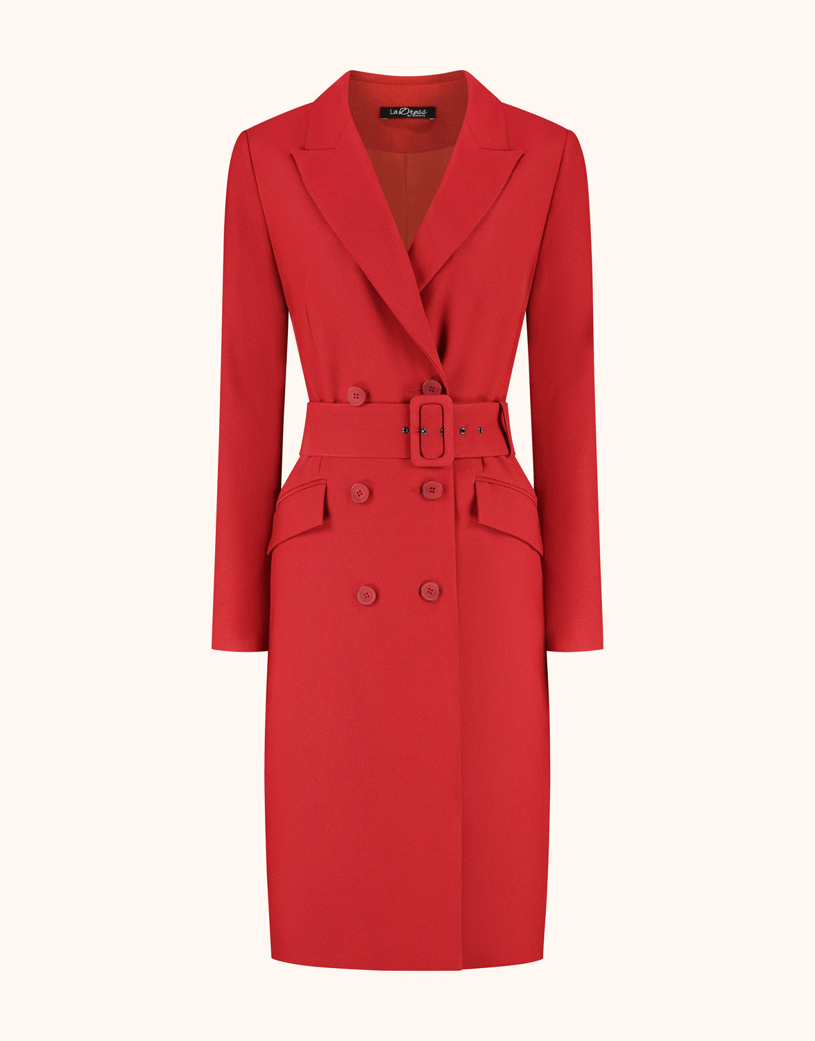 Packshot of the Colette Raspberry Red dress in crepe satin with a belt and double-breasted front.