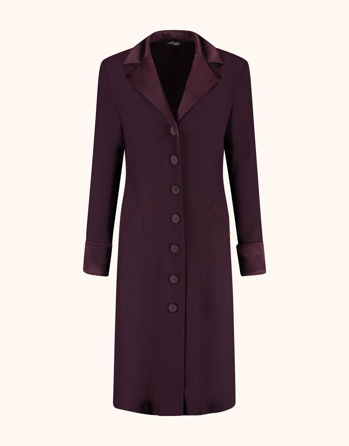 Packshot of the Milan Deep Aubergine dress in crepe satin with a button front and lapels.