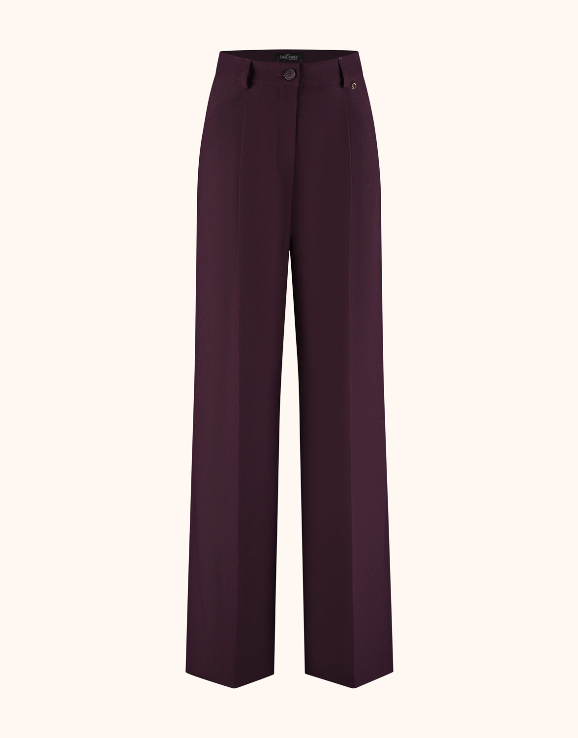 Packshot of the Torino Deep Aubergine trousers in crepe satin with pleats and a wide leg.