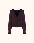 Packshot of the Leonora Deep Aubergine cardigan in alpaca blend with a V-neck and buttons.