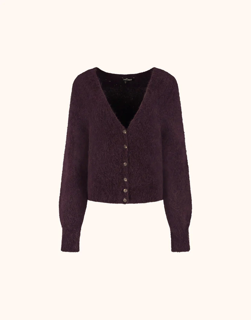 Packshot of the Leonora Deep Aubergine cardigan in alpaca blend with a V-neck and buttons.