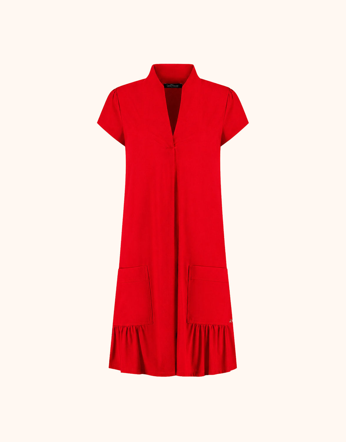 Packshot of the Liana Raspberry Red dress in jersey lycra with a ruffled hem and pockets.