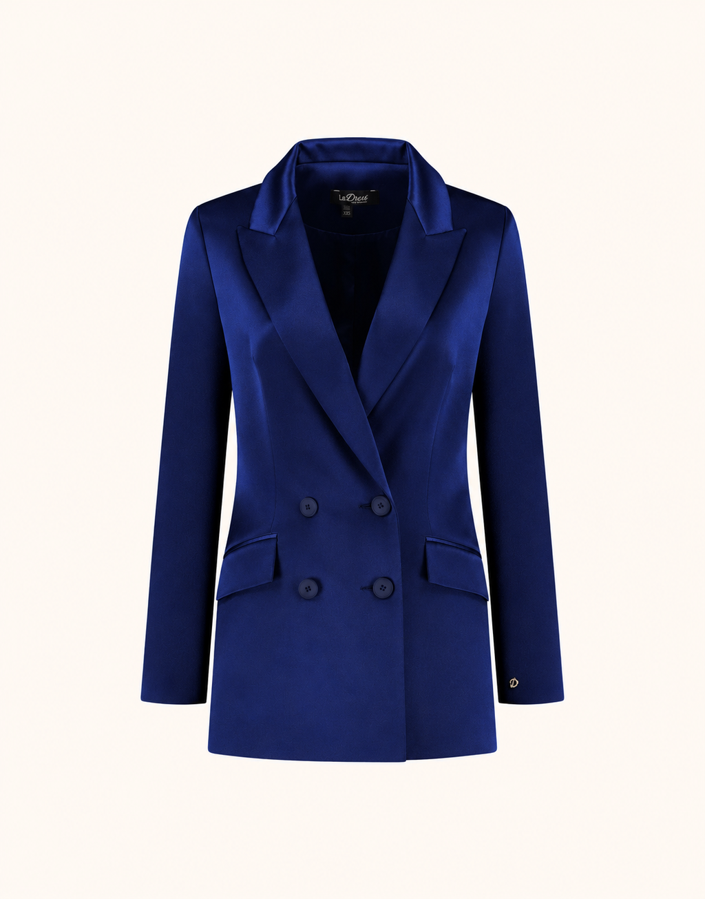 Packshot of the Juliette Sapphire Blue Satin blazer in crepe satin with a double-breasted front.