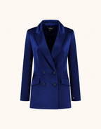 Packshot of the Juliette Sapphire Blue Satin blazer in crepe satin with a double-breasted front.