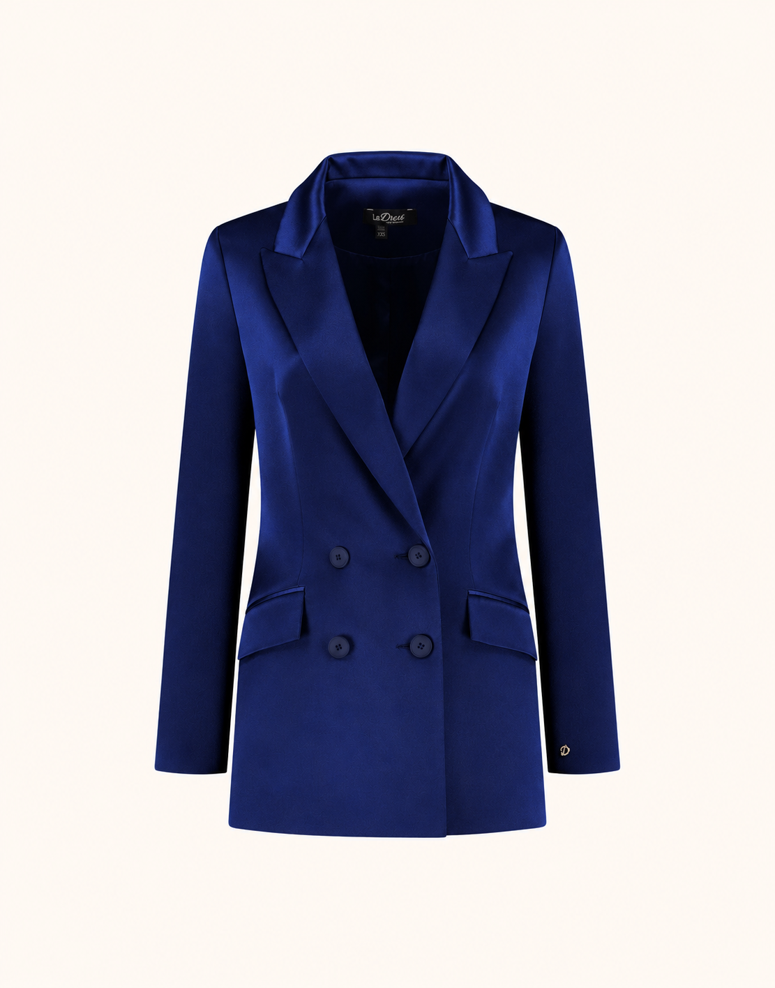 Packshot of the Juliette Sapphire Blue Satin blazer in crepe satin with a double-breasted front.