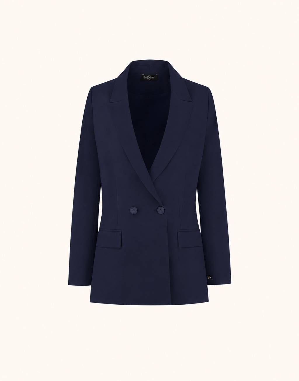 Packshot van de Clarine Midnight Blue blazer van crepe satijn met een double-breasted sluiting.