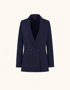 Packshot van de Clarine Midnight Blue blazer van crepe satijn met een double-breasted sluiting.