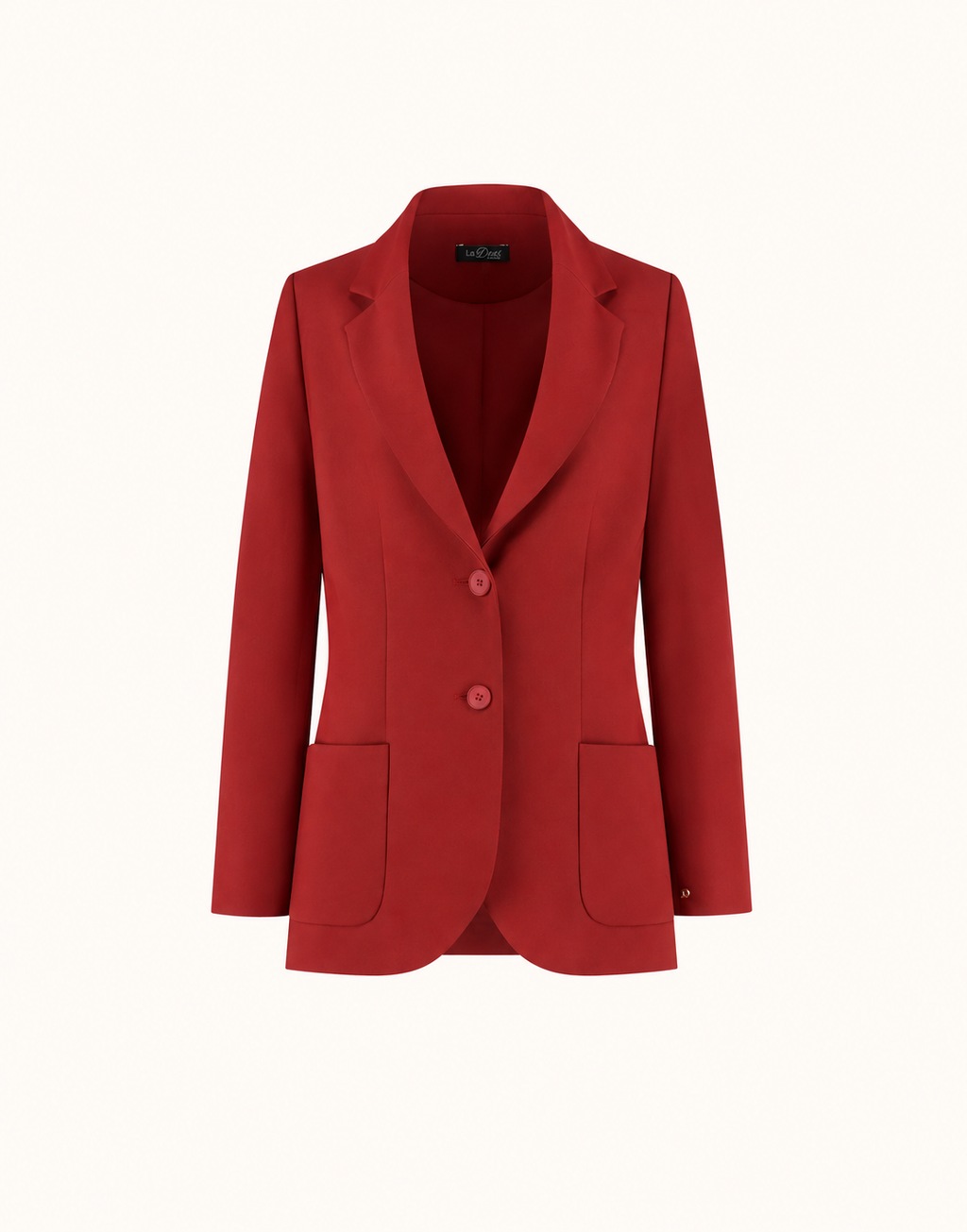 Packshot van de Carey Deep Crimson blazer van crepe satijn met klassieke revers en opgestikte zakken.
