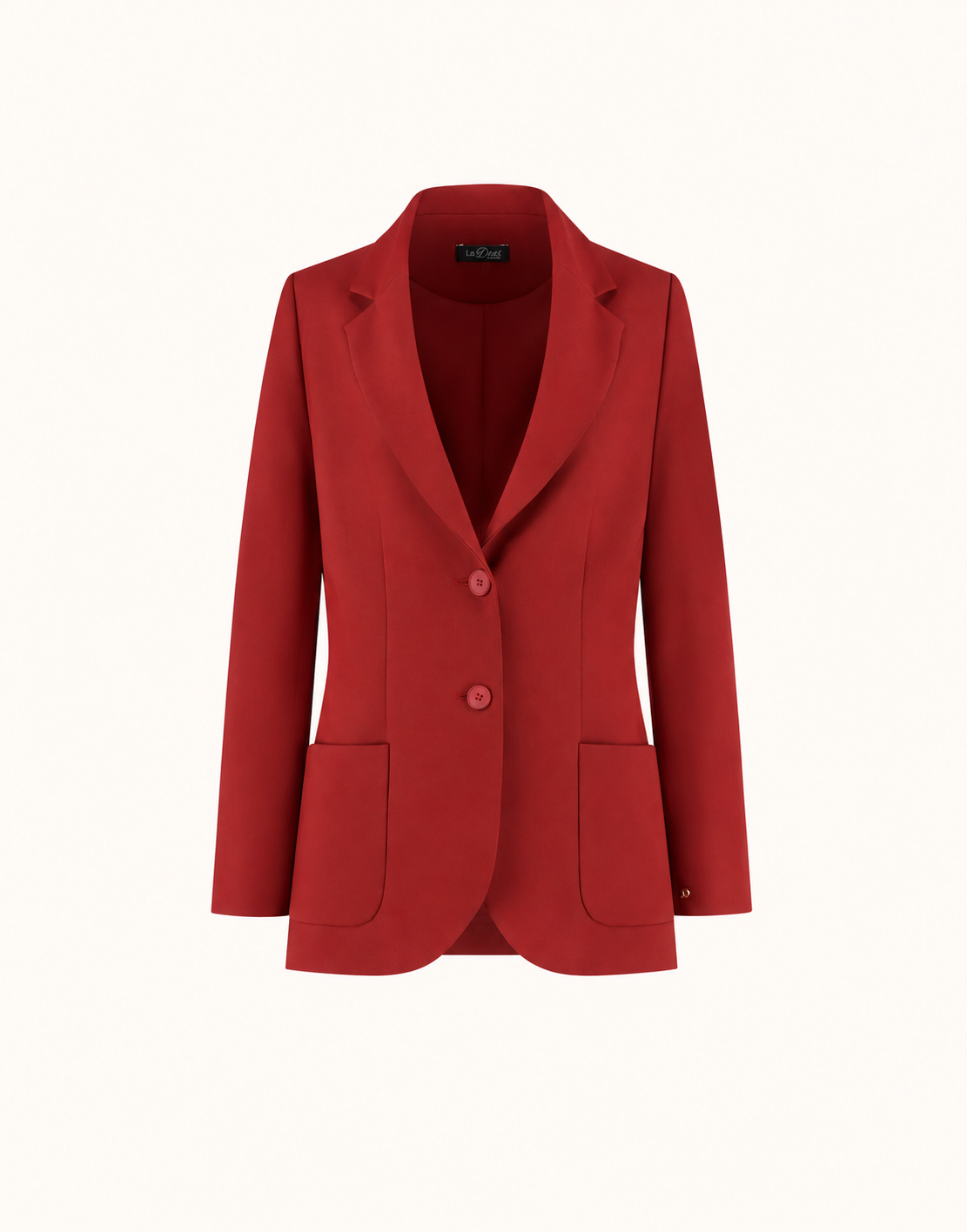 Packshot van de Carey Deep Crimson blazer van crepe satijn met klassieke revers en opgestikte zakken.