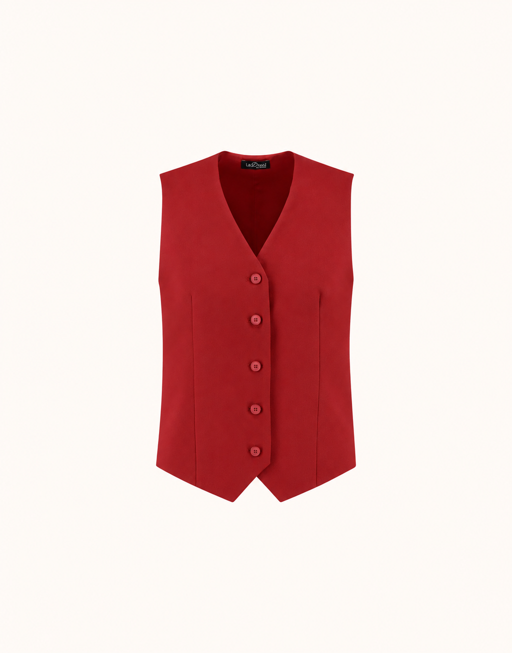 Packshot der Jolene Deep Crimson Weste aus Crêpe-Satin mit V-Ausschnitt und Knopfleiste.