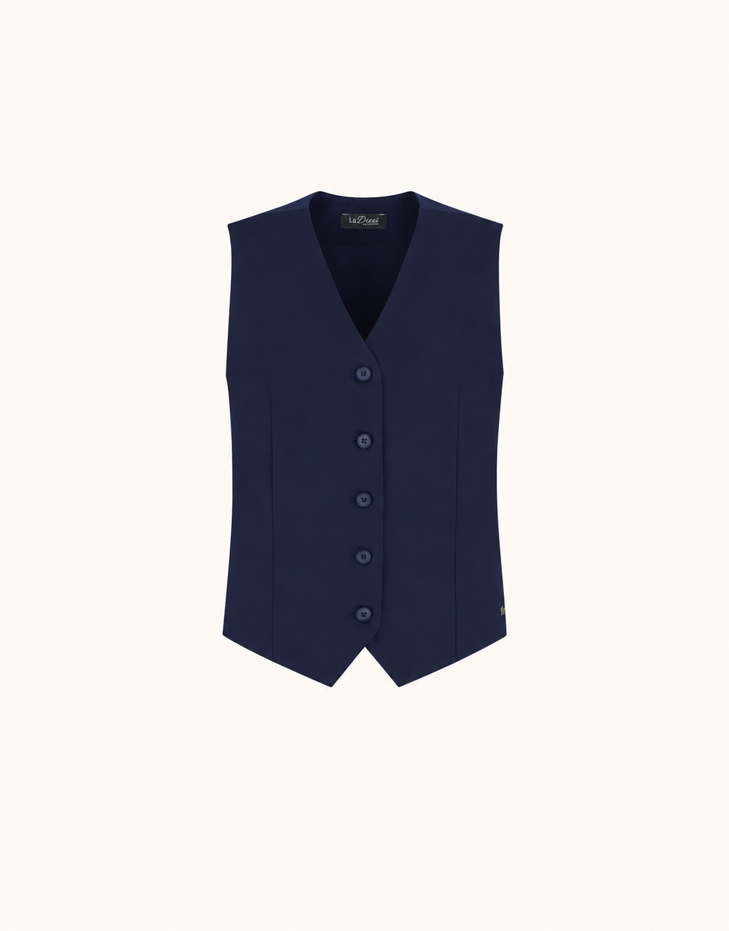 Packshot der Jolene Midnight Blue Weste aus Crêpe-Satin mit V-Ausschnitt und Knopfleiste.