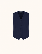 Packshot der Jolene Midnight Blue Weste aus Crêpe-Satin mit V-Ausschnitt und Knopfleiste.