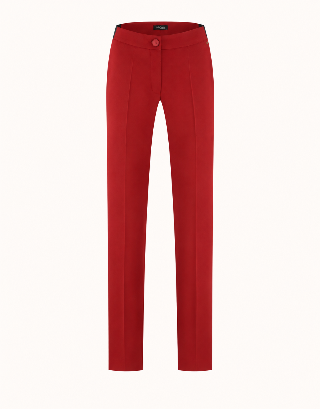 Packshot van de Seoul Deep Crimson broek van crepe satijn met een taps toelopende pijp.