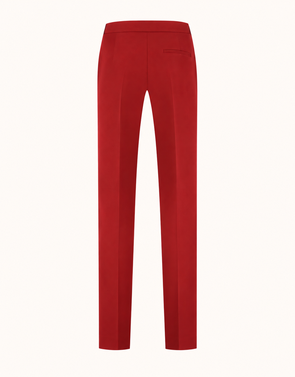 Packshot van de Seoul Deep Crimson broek van crepe satijn van achteren.