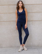 Model standing in the Rio Midnight Blue leggings in jersey lycra with a matching top.