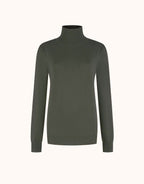 Packshot of the Shania Deep Moss jumper in organic cotton knit with a roll neck.