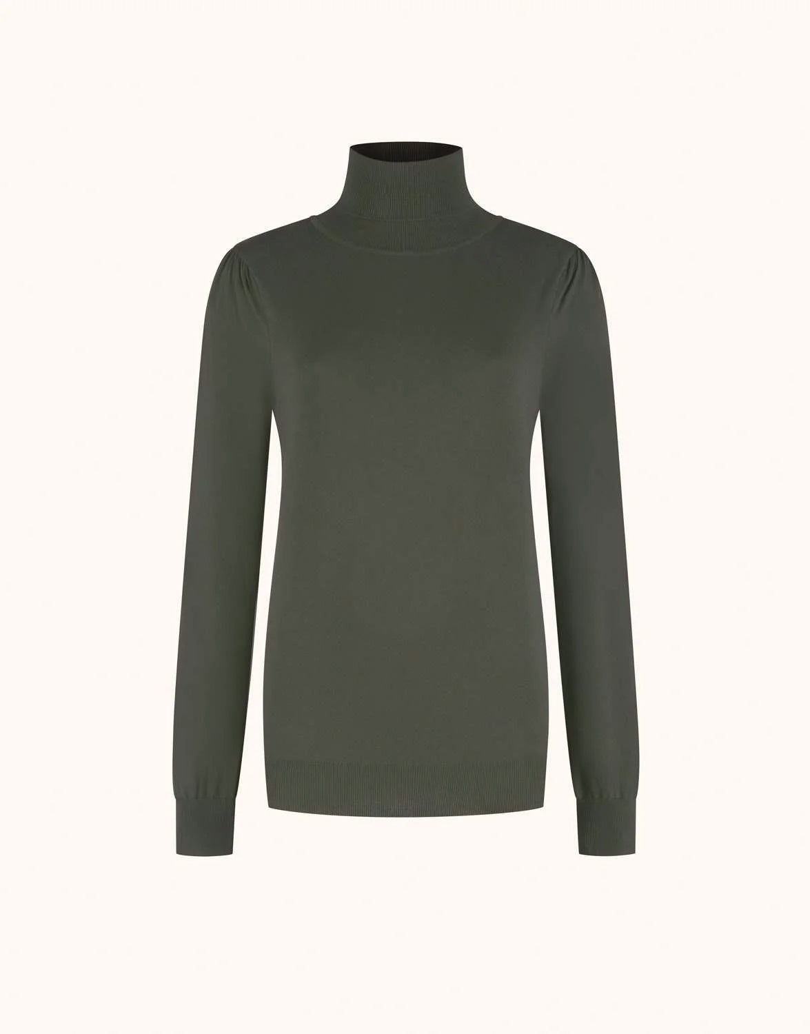 Packshot of the Shania Deep Moss jumper in organic cotton knit with a roll neck.