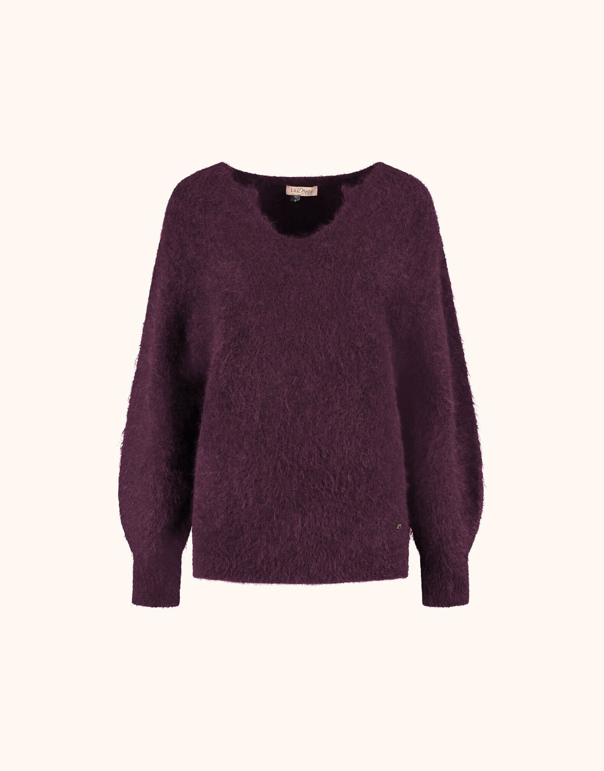 Packshot of the Stefania Deep Aubergine jumper in alpaca blend with a V-neck.