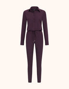 Packshot of the Zendaya Deep Aubergine jumpsuit in jersey lycra with a drawstring waist.