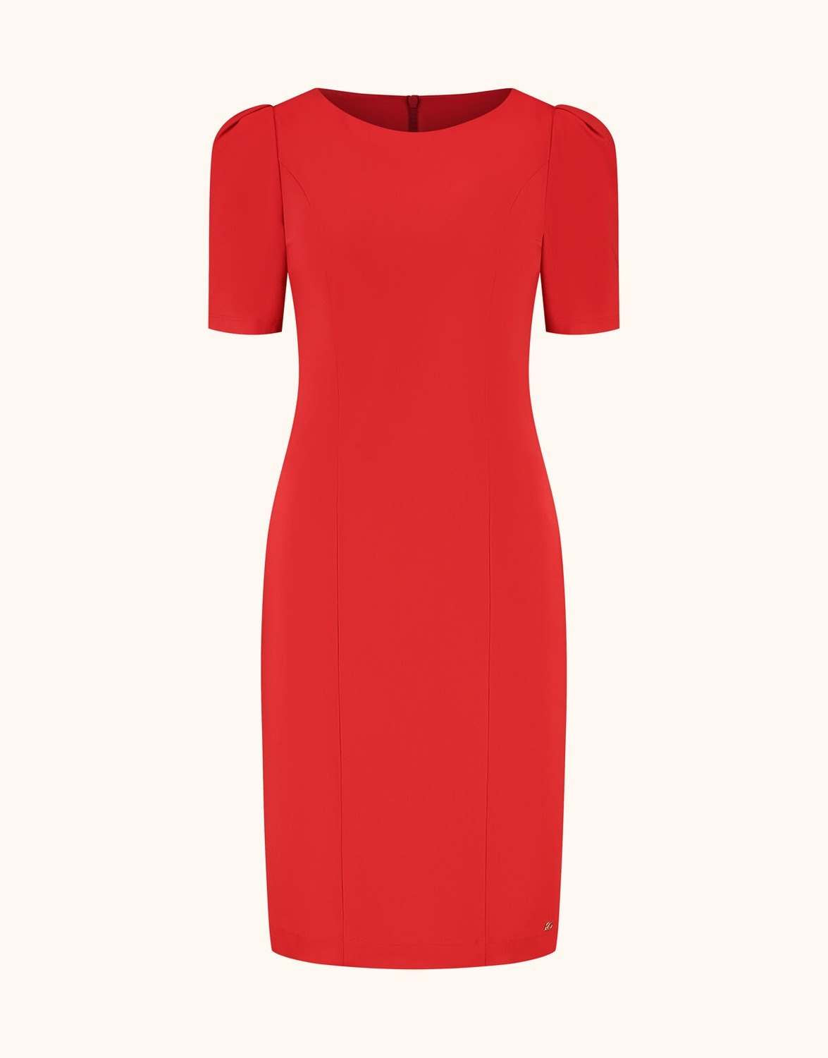 Packshot of the Ivy Raspberry Red dress in jersey lycra with short puff sleeves.