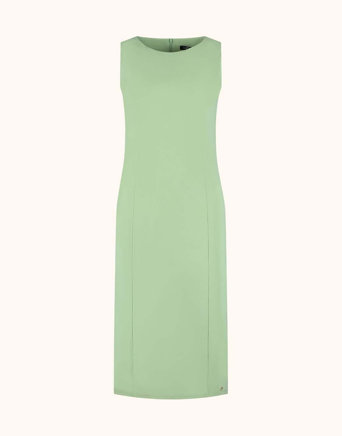 Packshot of the Gloria Soft Green dress in jersey lycra, a fitted sleeveless style.