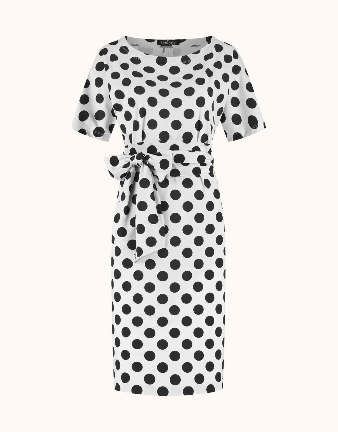 Packshot of the Aretha Black dot dress with a polka dot print and a tied waist.