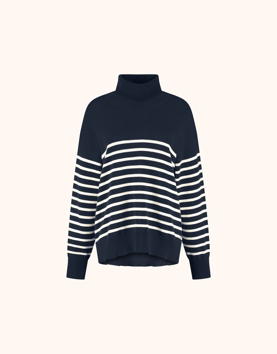 Packshot of the Cecile Midnight Blue Ivory Stripe jumper in organic cotton knit with a turtleneck.