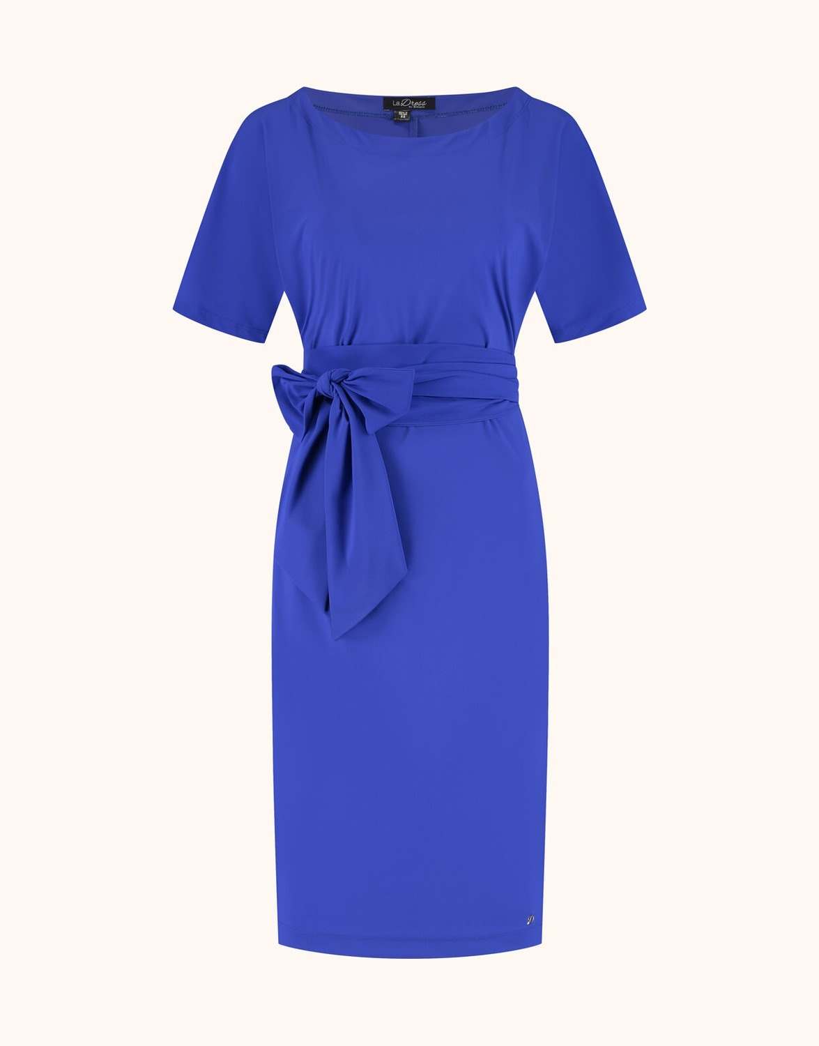 Packshot of the Aretha Marine Blue dress with short sleeves and a tied waist.