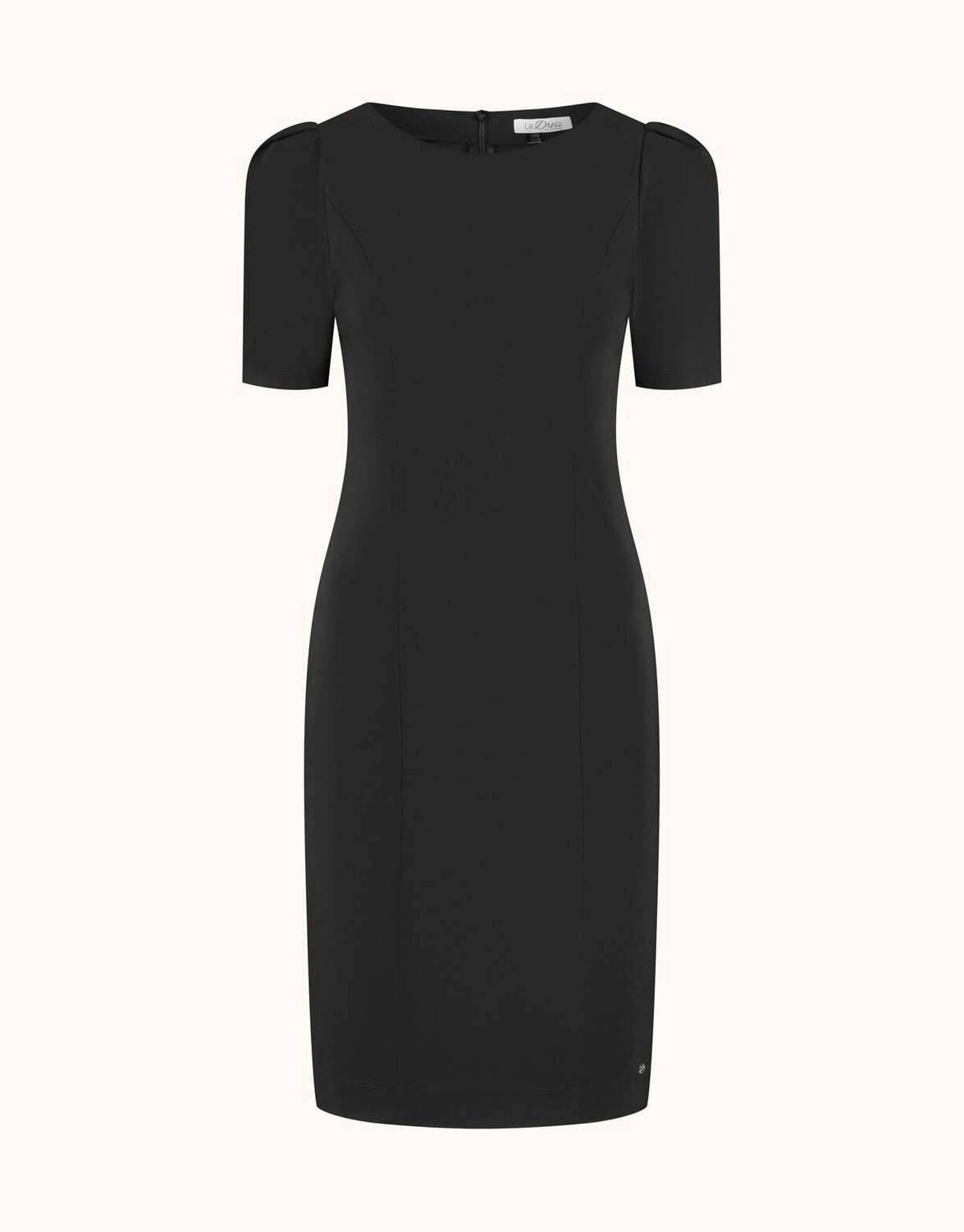 Packshot of the Ivy Black dress in jersey lycra, a fitted style with puff sleeves.