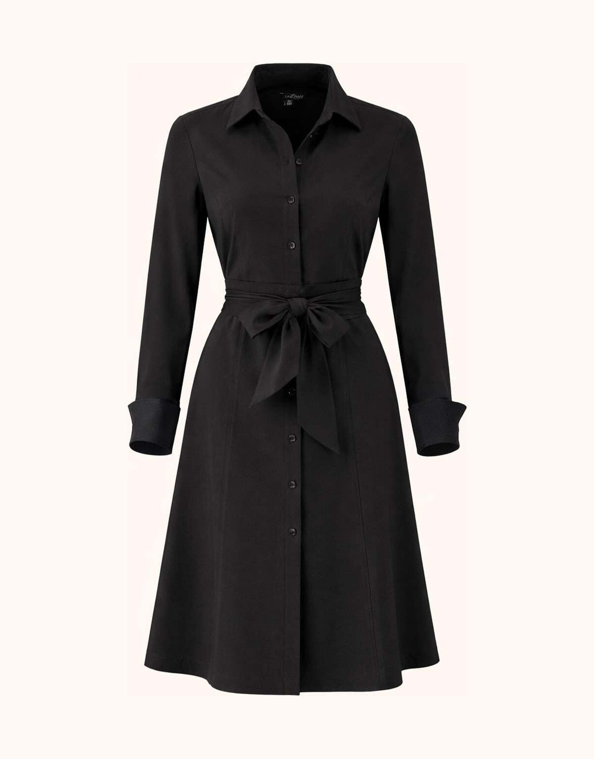 Packshot of the Catherine Black dress in crepe satin with a button front and a tie belt.
