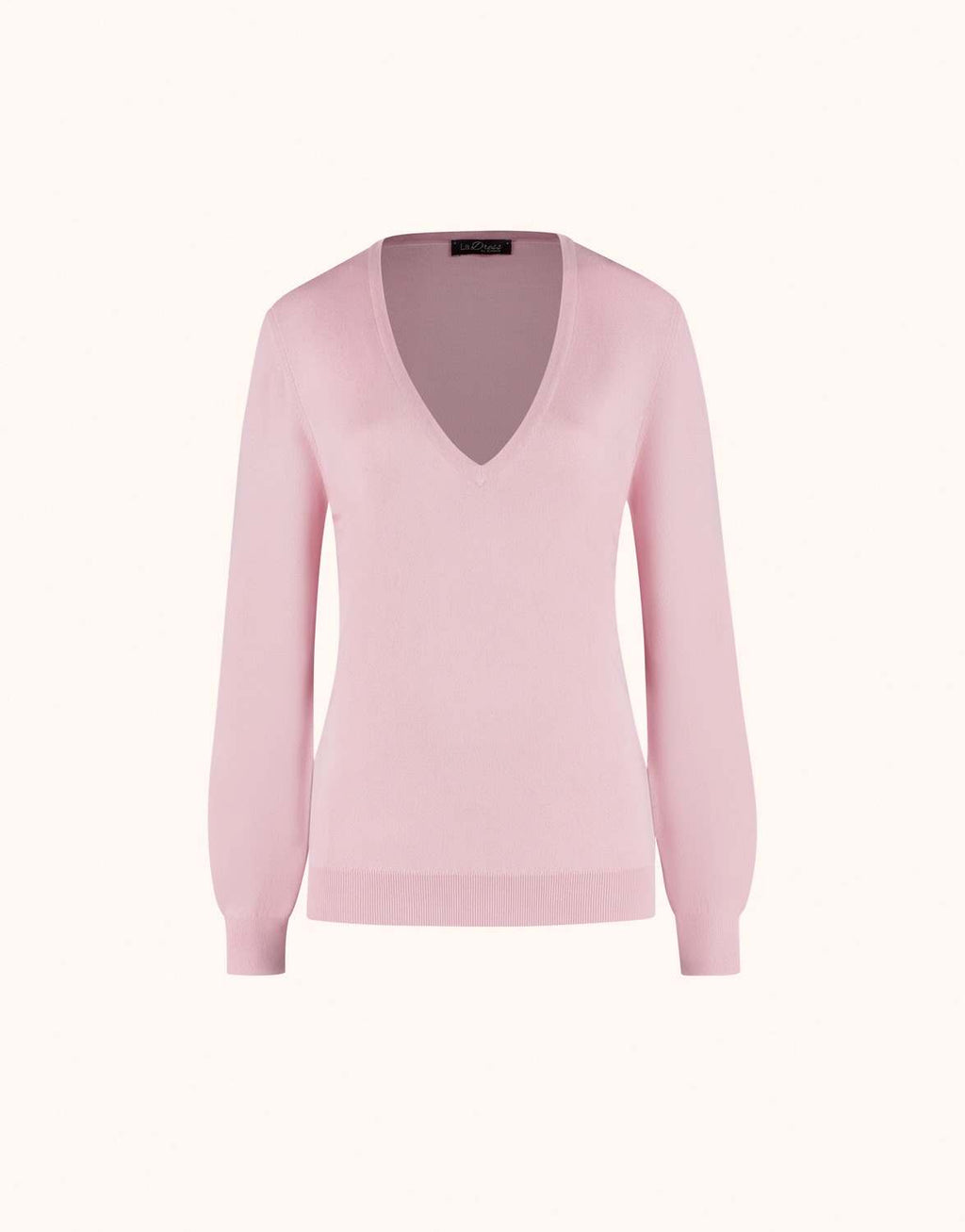 Packshot of the Loretta Pale Rose jumper in organic cotton knit with a deep V-neck.