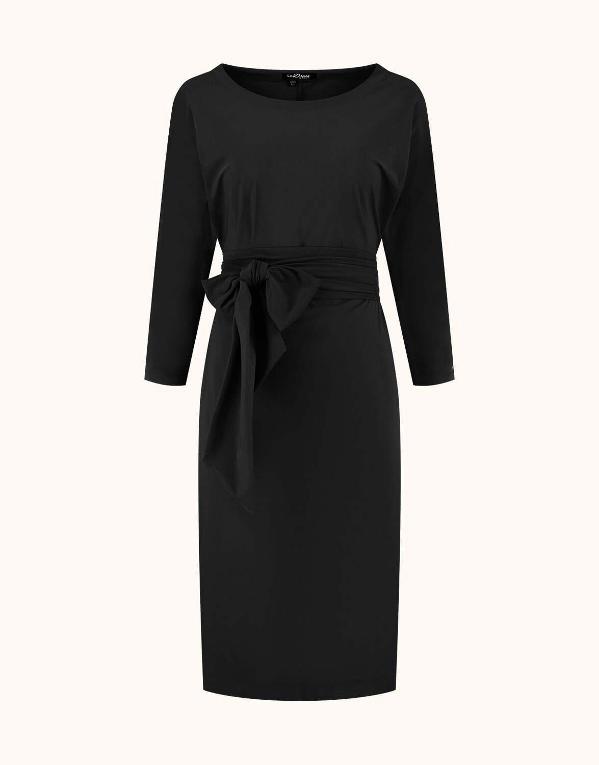 Packshot of the Caroline Black dress in jersey lycra with a boat neck and a tie belt.