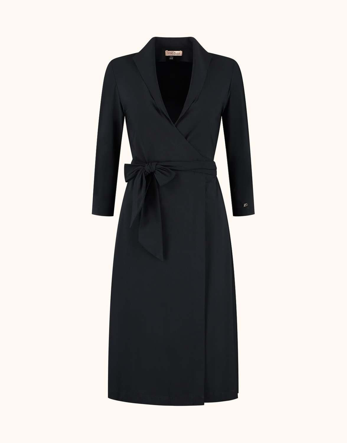 Packshot of the Penelope Black dress in jersey lycra with a wrap front and tie belt.