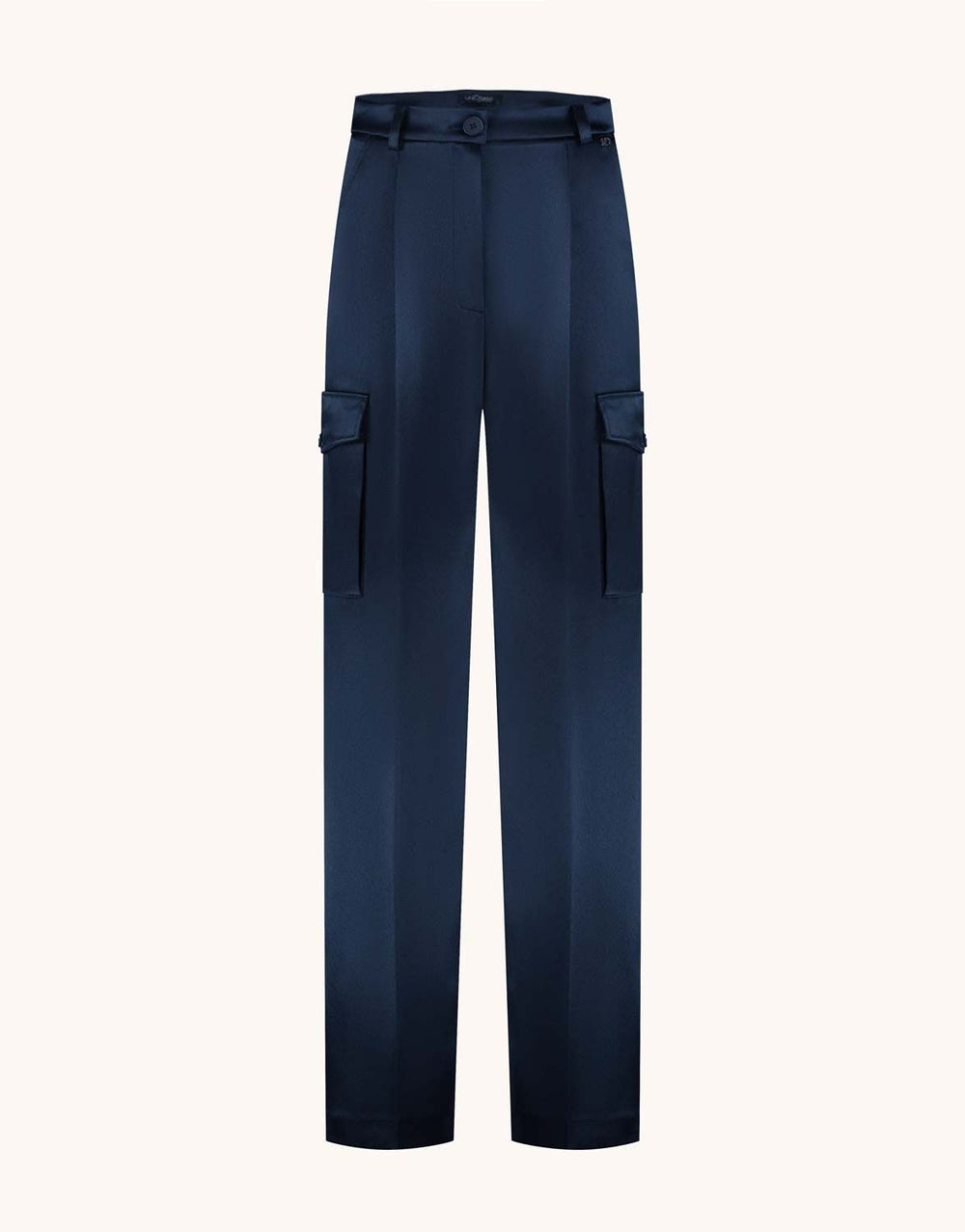 Packshot of the Prague Midnight Blue Satin trousers in crepe satin with cargo pockets.