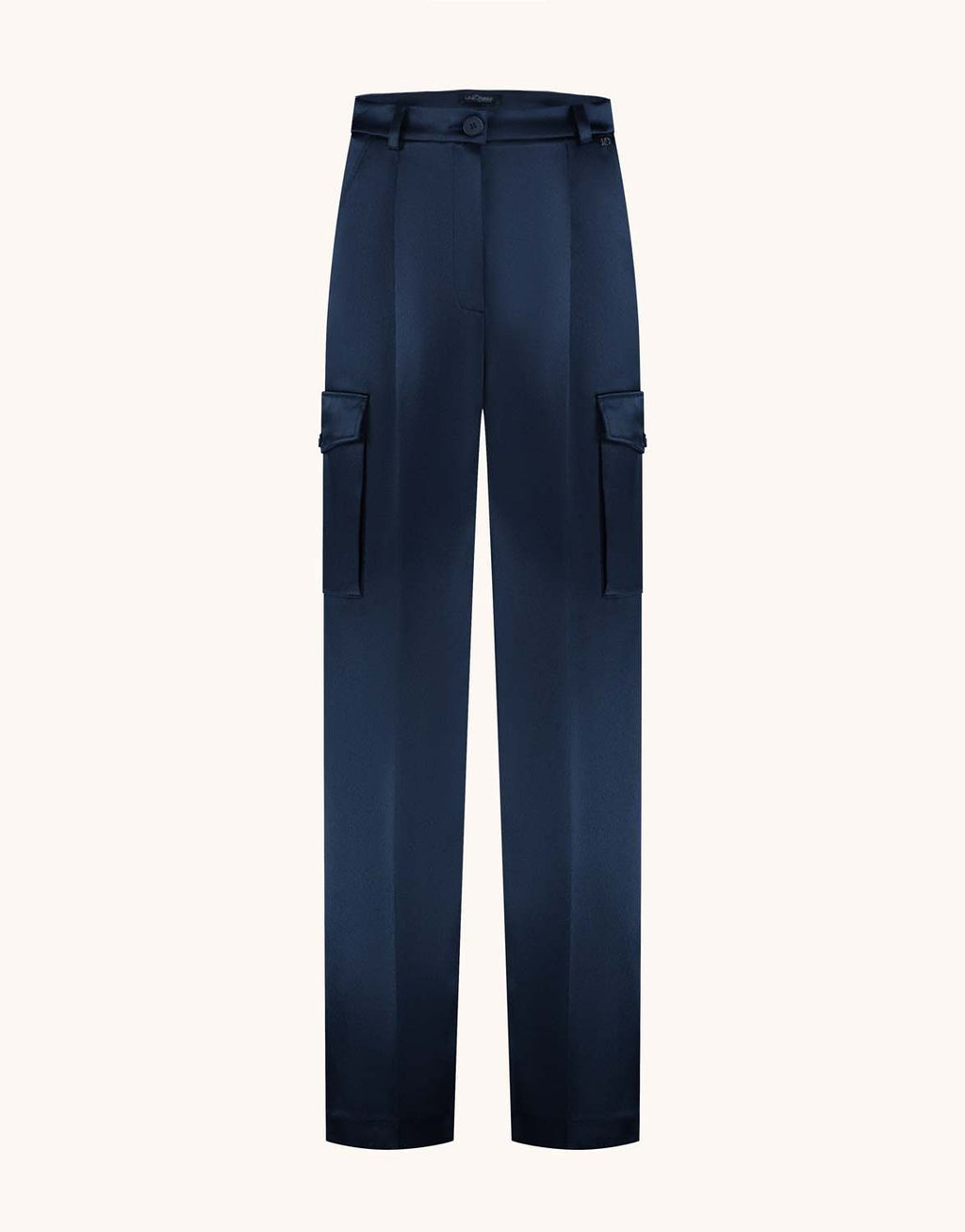 Packshot of the Prague Midnight Blue Satin trousers in crepe satin with cargo pockets.